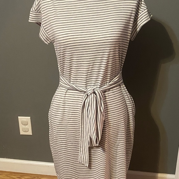 White and Gray Tie Front Mini Dress with Short Sleeves - Picture 1 of 3